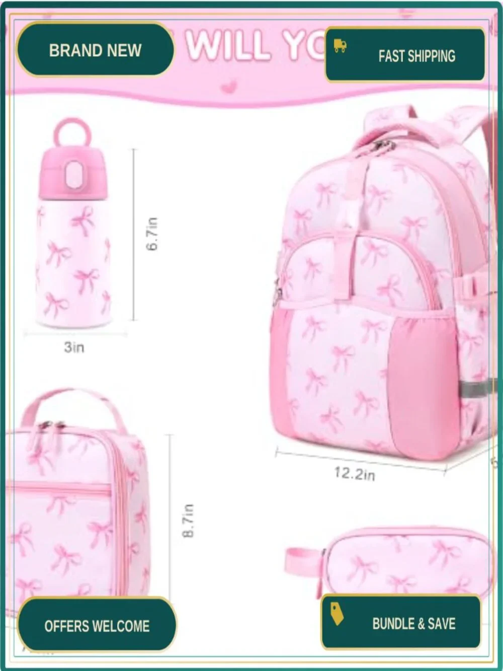 Kids Backpack 4-Piece Set with Water Bottle Lunch Box Pencil Case for School